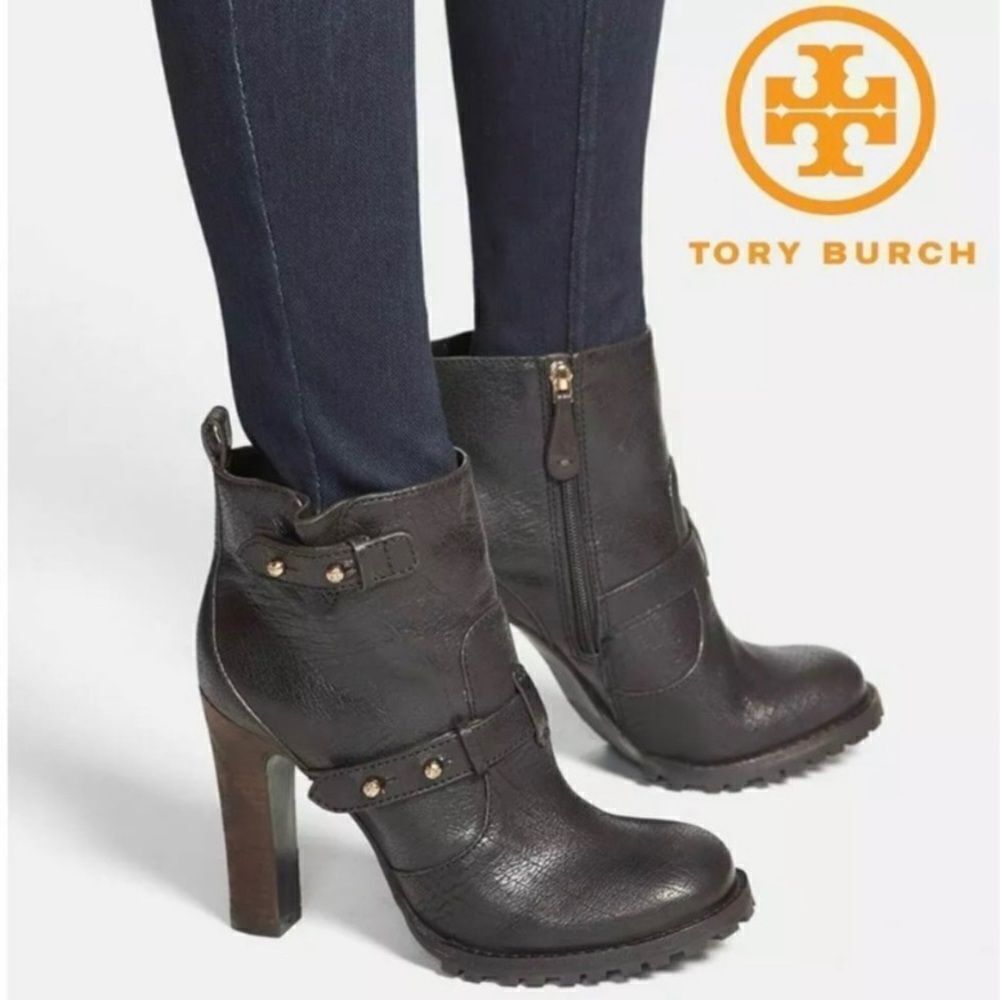 Tory Burch Landers Moto Leather Ankle Boots Bootie Black Gold Stud Size 10.5